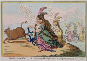 1797年にハンナハンフリーによって発行されたゴードンノット、またはベッドフォードブルを狩るボニー公爵夫人（手描きのエッチング）